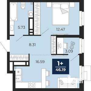 1-к квартира, вторичка, 46м2, 17/24 этаж