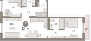 2-к квартира, вторичка, 62м2, 9/17 этаж