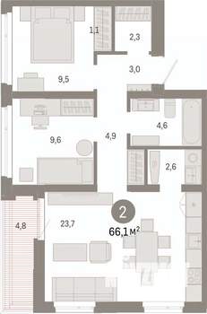 2-к квартира, вторичка, 66м2, 9/9 этаж