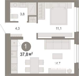 1-к квартира, вторичка, 38м2, 2/9 этаж