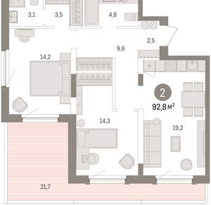 2-к квартира, вторичка, 93м2, 16/16 этаж