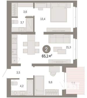 2-к квартира, вторичка, 65м2, 3/11 этаж