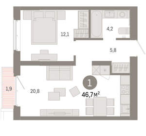 1-к квартира, вторичка, 47м2, 8/11 этаж