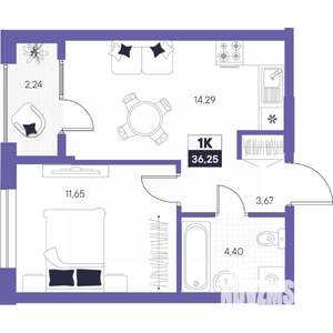 1-к квартира, строящийся дом, 36м2, 7/24 этаж