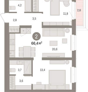 2-к квартира, вторичка, 66м2, 6/16 этаж
