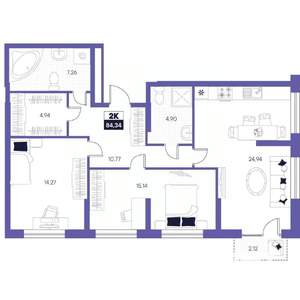 2-к квартира, строящийся дом, 84м2, 23/24 этаж