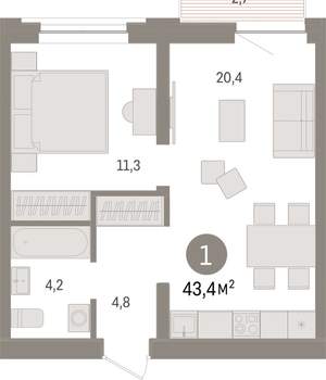 1-к квартира, вторичка, 43м2, 4/10 этаж