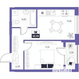 1-к квартира, строящийся дом, 36м2, 6/24 этаж