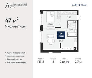 1-к квартира, вторичка, 47м2, 2/24 этаж