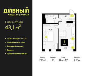 1-к квартира, сданный дом, 43м2, 8/17 этаж