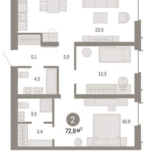 2-к квартира, вторичка, 73м2, 2/16 этаж
