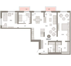 3-к квартира, вторичка, 129м2, 10/16 этаж