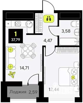 1-к квартира, вторичка, 38м2, 9/14 этаж