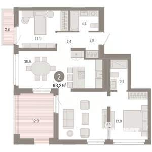 2-к квартира, вторичка, 93м2, 2/9 этаж