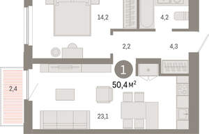 1-к квартира, вторичка, 50м2, 7/16 этаж