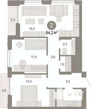 2-к квартира, вторичка, 64м2, 8/17 этаж