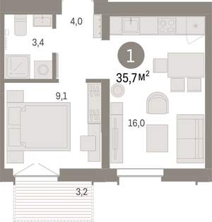 1-к квартира, вторичка, 36м2, 7/16 этаж