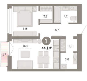 1-к квартира, вторичка, 44м2, 9/16 этаж