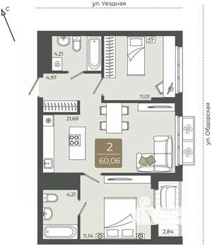 2-к квартира, вторичка, 60м2, 3/15 этаж