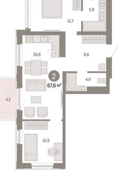 2-к квартира, вторичка, 68м2, 12/25 этаж