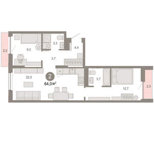 2-к квартира, вторичка, 64м2, 6/17 этаж