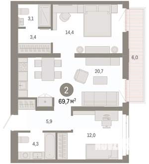 2-к квартира, вторичка, 70м2, 2/8 этаж