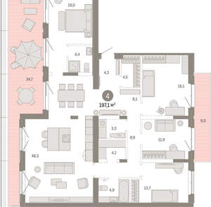 4-к квартира, вторичка, 197м2, 7/11 этаж