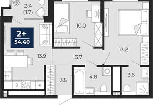 2-к квартира, вторичка, 54м2, 3/16 этаж