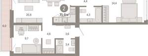 2-к квартира, вторичка, 71м2, 6/25 этаж