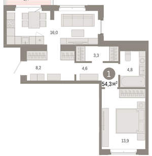 1-к квартира, вторичка, 54м2, 9/11 этаж