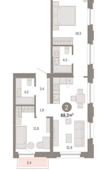 2-к квартира, вторичка, 68м2, 4/16 этаж