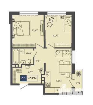 2-к квартира, строящийся дом, 52м2, 4/4 этаж