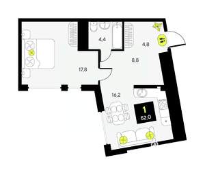 1-к квартира, вторичка, 52м2, 2/17 этаж