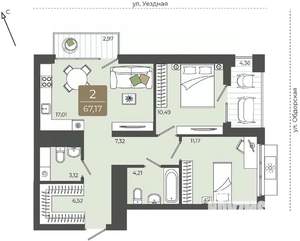 2-к квартира, вторичка, 67м2, 7/15 этаж