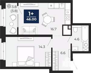 1-к квартира, вторичка, 46м2, 10/16 этаж
