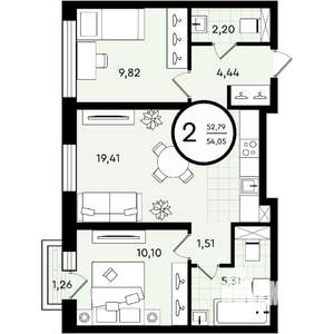 2-к квартира, строящийся дом, 54м2, 3/4 этаж