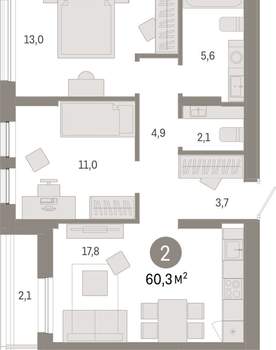 2-к квартира, вторичка, 60м2, 9/17 этаж