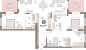3-к квартира, вторичка, 141м2, 17/17 этаж