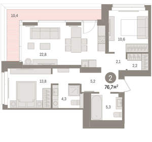 2-к квартира, вторичка, 77м2, 9/16 этаж