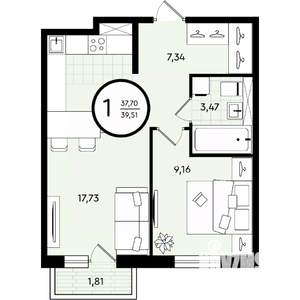 1-к квартира, строящийся дом, 40м2, 4/4 этаж