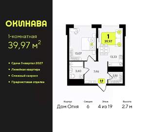 1-к квартира, вторичка, 40м2, 4/19 этаж