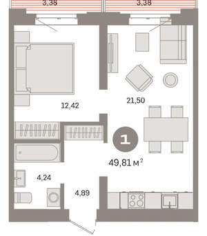 1-к квартира, вторичка, 50м2, 4/8 этаж