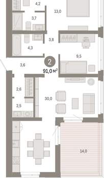 2-к квартира, вторичка, 91м2, 9/25 этаж
