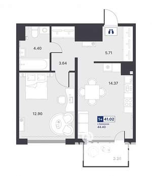 1-к квартира, строящийся дом, 41м2, 4/14 этаж