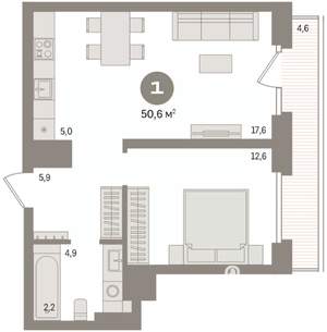 1-к квартира, вторичка, 51м2, 6/9 этаж