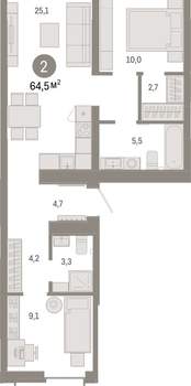 2-к квартира, вторичка, 64м2, 4/16 этаж