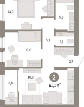 2-к квартира, вторичка, 61м2, 9/17 этаж