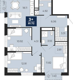 3-к квартира, вторичка, 82м2, 13/16 этаж