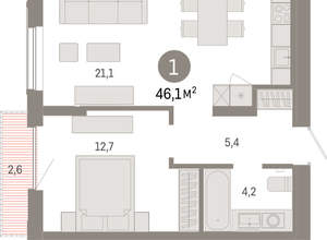 1-к квартира, вторичка, 46м2, 10/17 этаж