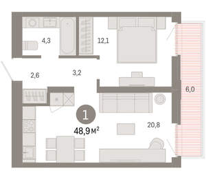 1-к квартира, вторичка, 49м2, 3/25 этаж